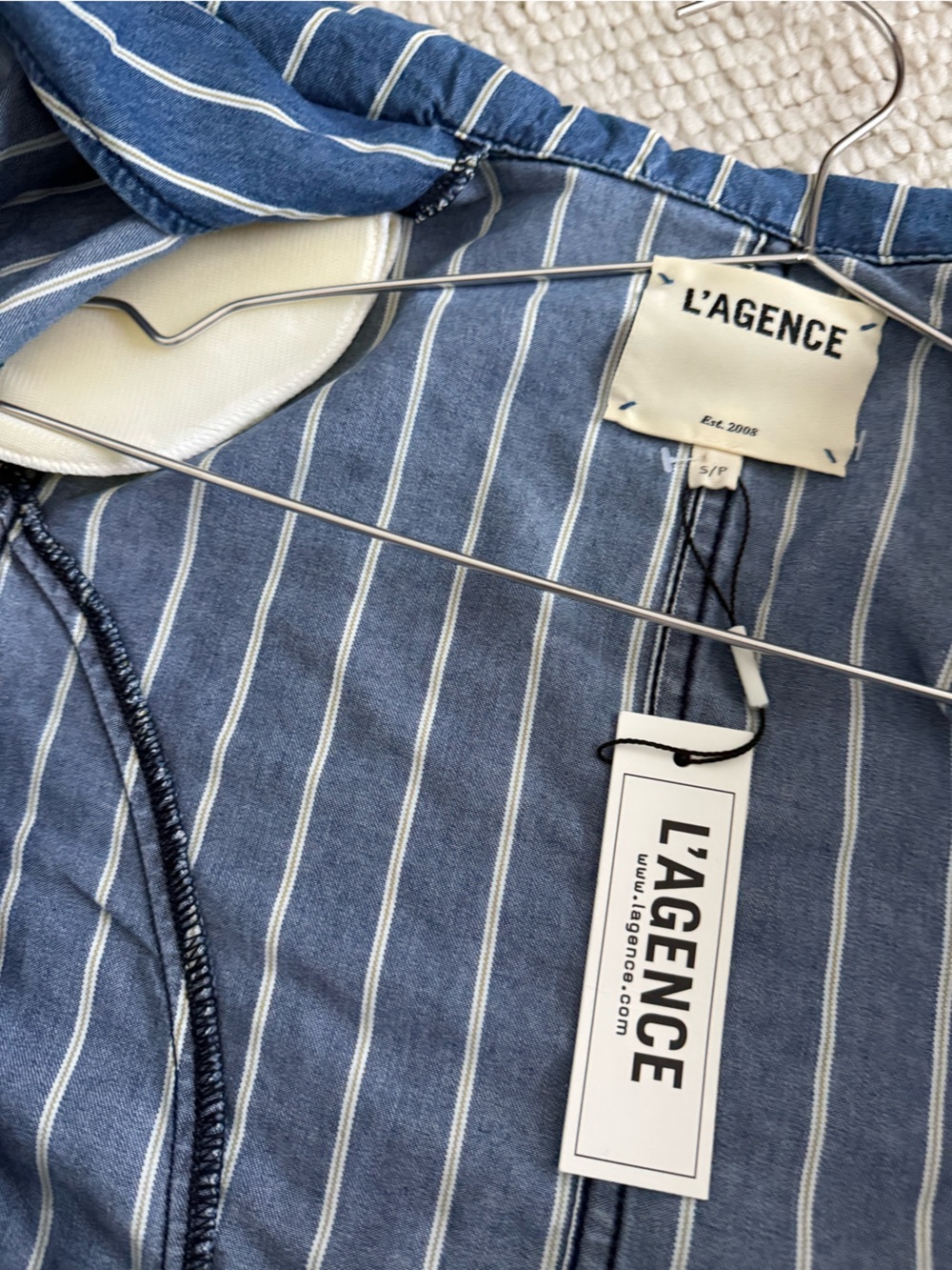 L'AGENCE Navy and White Striped Cropped Double-Breasted Blazer - Picture 10 of 10